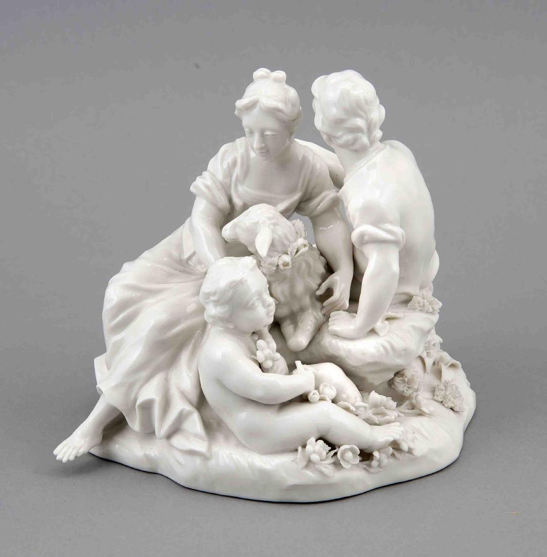 Figurine group, Nymphenburg, around 1968, shepherd pair: Figurine group, Nymphenburg, around 1968, shepherd pair with child and sheep on round pedestal with flowers, white, underside pressed rhombus shield and model number 1023, crowned CT 1968, after a Fra