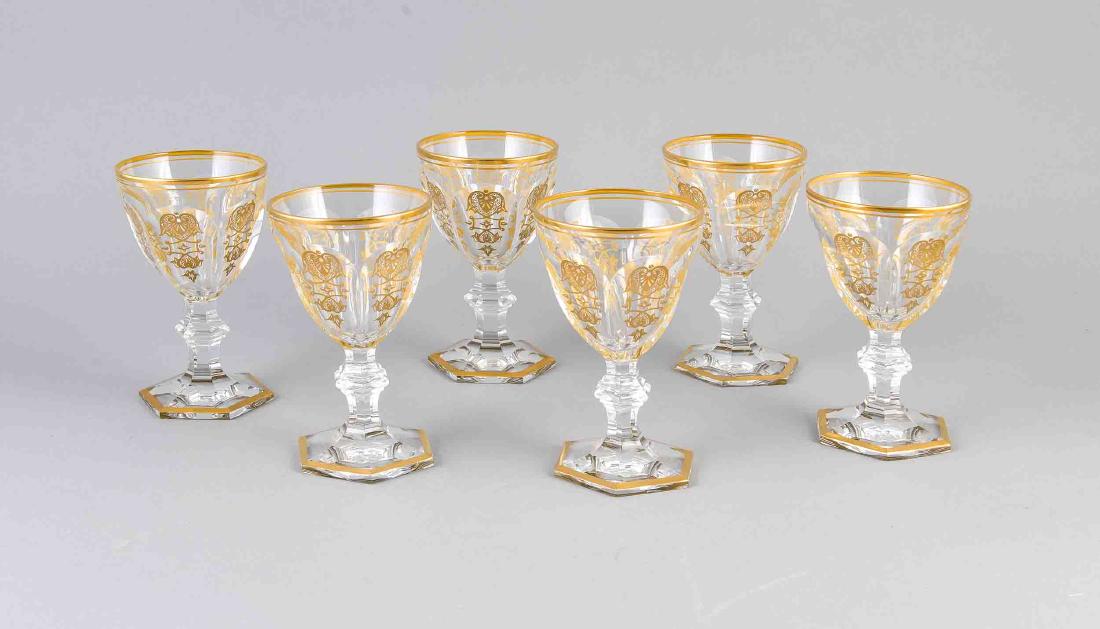 Six white wine glasses, France, 2nd half of the 20th: Six white wine glasses, France, 2nd half of the 20th century, Baccarat, Modell Harcourt Empire (The model Harcourt of 1841 is the oldest in the baccarat archive), signed in the stand, h. 14 cm