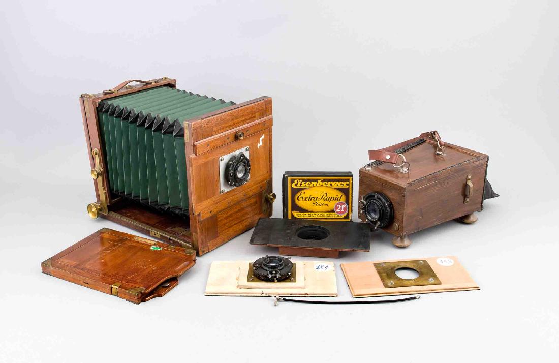 2 Plattenkameras mit Zubehör, 10-tlg., frühes 20. Jh., (1 of 1)