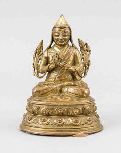 A gilt bronze figure of Tsongkhapa, Sino-Tibetan.: A gilt bronze figure of Tsongkhapa, Sino-Tibetan. 18th/19th c., loose base plate, partially rubbed, H. 13 cm