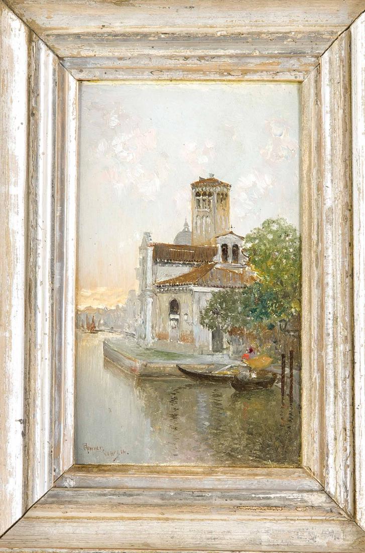 César Herrer: César Herrer (1868-1919), spanisch-ungarischer Maler, Venedig-Ansicht, kleinformatige Ansicht von Venedig am Canal Grande in der Abenddämmerung, Öl/Karton, u. li sign. ''CHerrer'' und bezeichnet ''