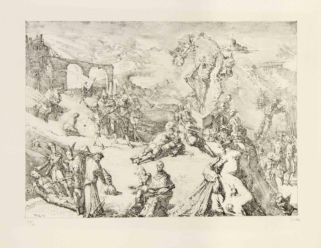 Werner Tübke: Werner Tübke (1929-2004), großes Konvolut von 7 handsignierten Originalgrafiken, ''Russische Bäuerin'', italienische Stadtansicht, Triumphzug, zwei vielfigurige Szenen aus den Bauernkriegen (?), ''