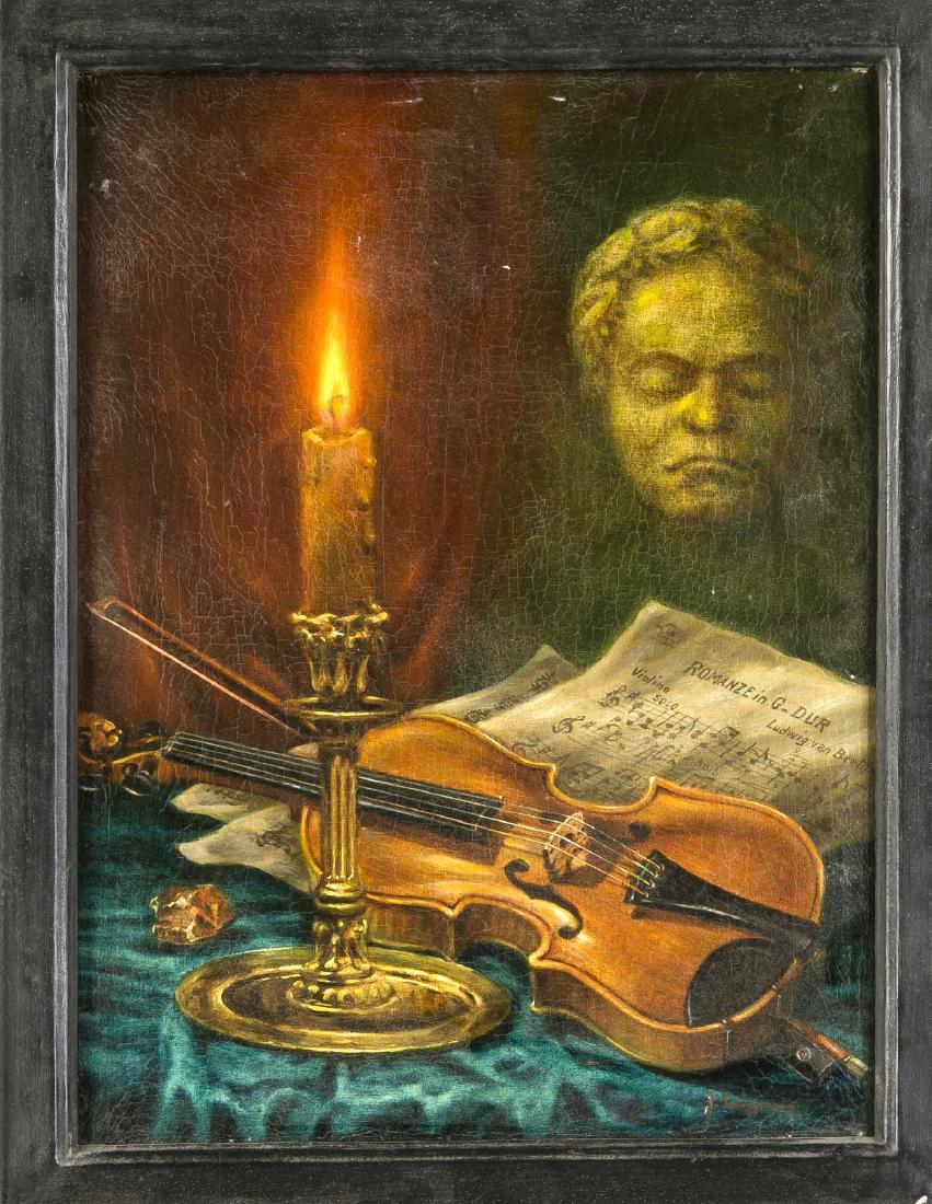 Sign. Brüggemann, 1: Sign. Brüggemann, 1. H. 20. Jh., Stillleben mit Violine und Beethovens Totenmaske im Kerzenschein, Öl/Lwd., u. re. sign., Craquelé, 42 x 32 cm, ger. 47 x 37 cm