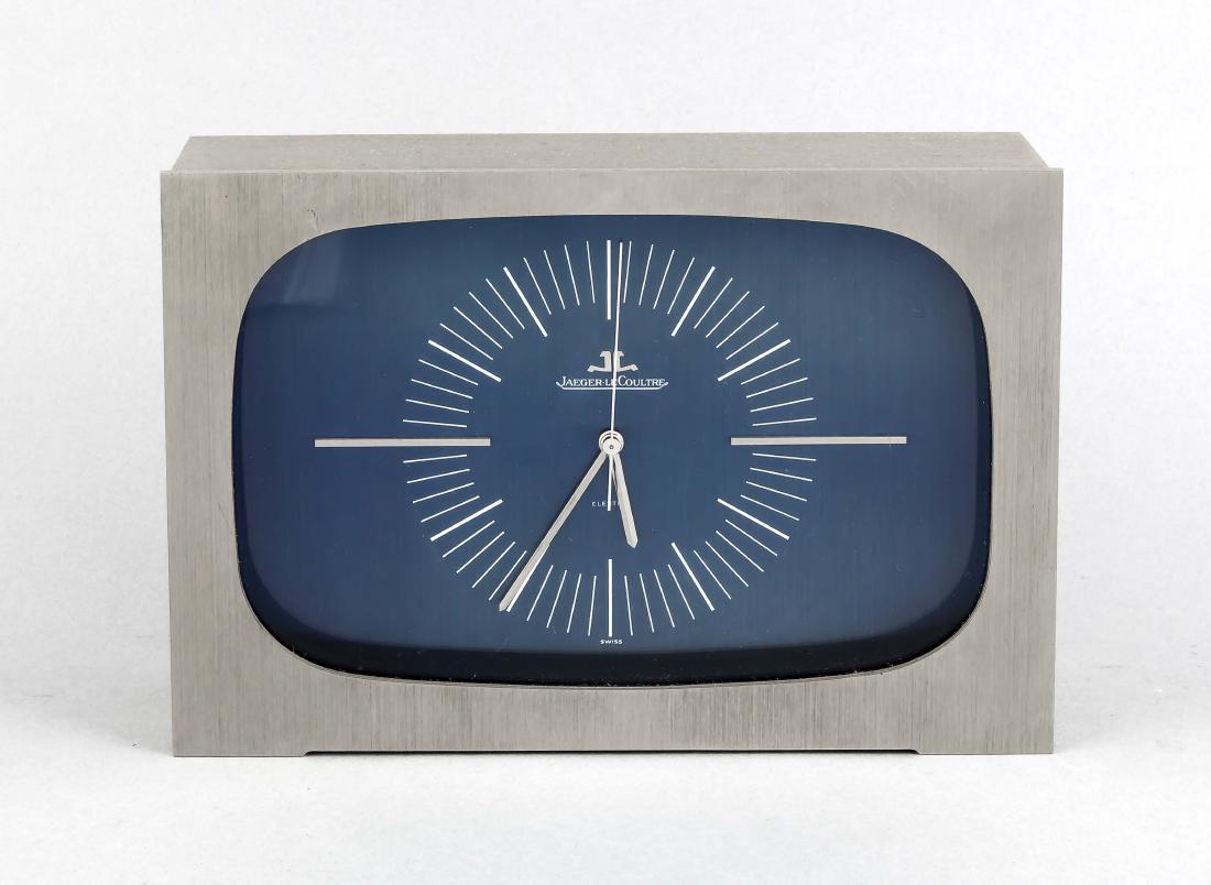 Jaeger-LeCoultre: Jaeger-LeCoultre table clock, Switzerland, probably 70s, square nickel-plated brass casewith back cover, Plexiglas front, dial with night blue background, white hour and a Minute indices as well as ap