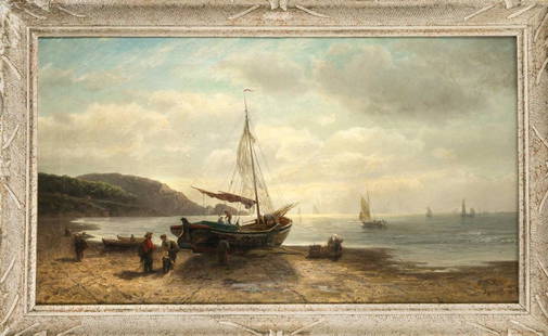 Bernardus Johannes: Bernardus Johannes Blommers (1845-1914), fisherman on the beach in the evening light, oil/ canvas, sign. a. dated 1883, 59 x 105 cm, framed 75 x 119 cm German Translation: Bernardus Johannes Blommers