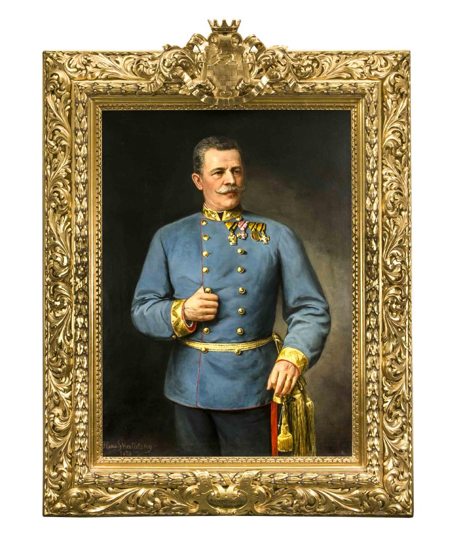 Hans S Rallitzky, Bildnismaler 2: Hans S Rallitzky, portrait painter 2nd half of the 19th century, representative portraitof a major general of the K.u.K. Army and bearer of the Order of the Iron Crown, half figure with sword, u. li.