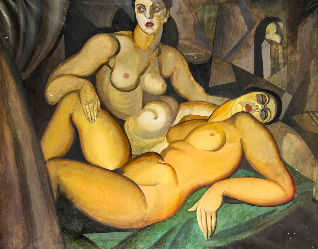 Tamara de Lempicka: Tamara de Lempicka (1898-1980) after, two female nudes, copy mid 20th c., Unsign.,partially some loss of colour, 107 x 136 cm German Translation: Tamara de Lempicka (1898-1980) nach, zwei weibliche Ak