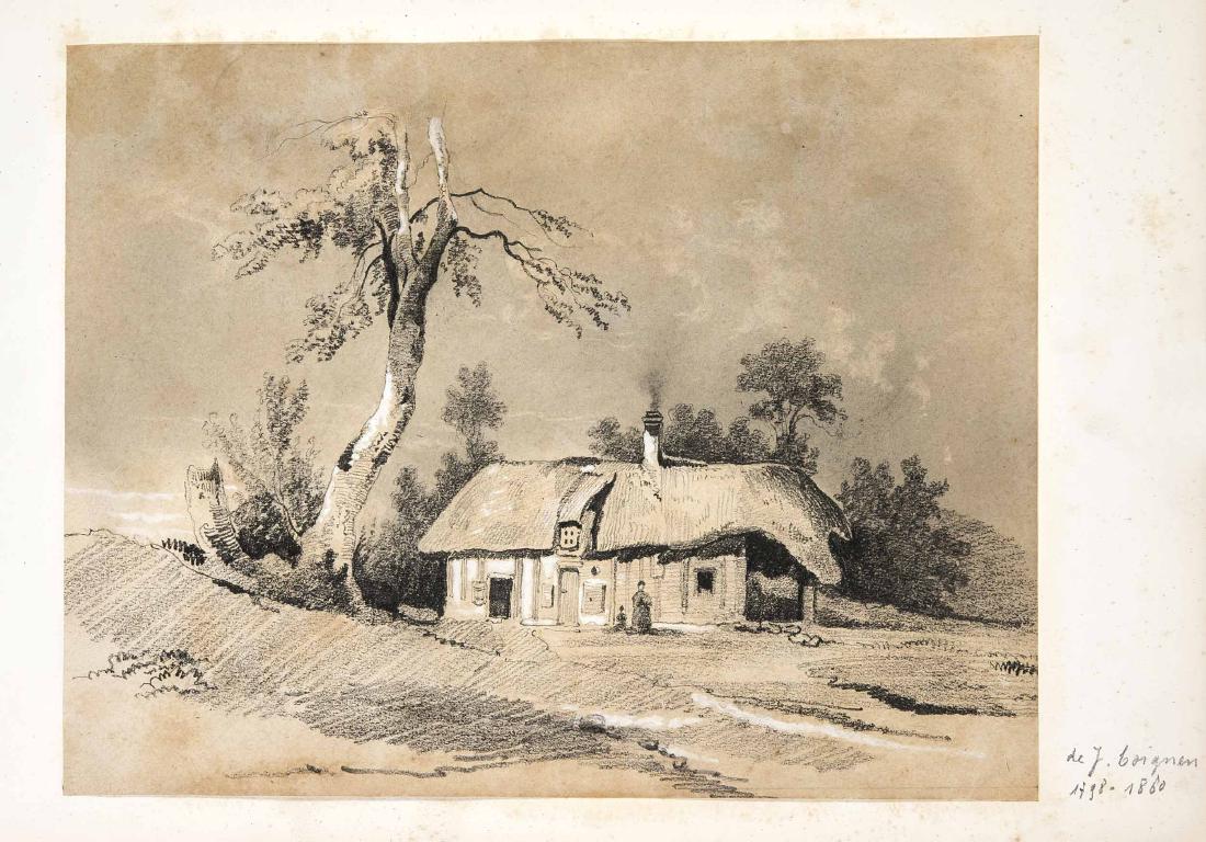Jules Louis Philippe Coignet (1798-1860) (attrib: Jules Louis Philippe Coignet (1798-1860) (attrib.), Painter of the School of Barbizon,studied with Jean-Victor Bertin, a compilation of three partly white-raised pencil drawings on paper, tree study,