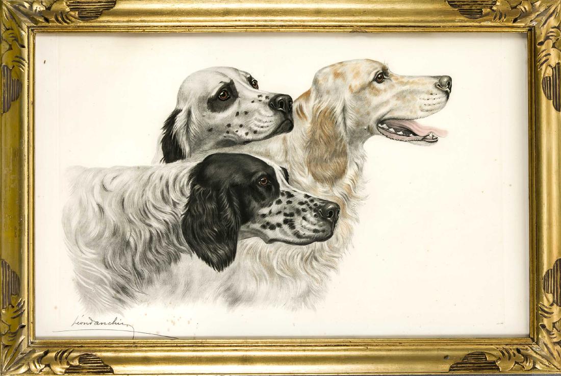 Léon Danchin (1887-1938), frz: Léon Danchin (1887-1938), frz. Tiermaler u. Grafiker, zwei Darstellungen von jeweils dreiHunden, Farbradierungen, jeweils handsign., min. fleckig, ca. 47 x 70 cm, hinter Glas ger. 60 x 90 cm German T
