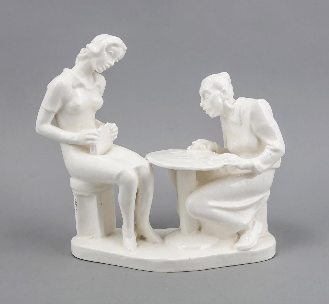 Fortune teller, 20th cent., Ceramics, beige body,: Fortune teller, 20th cent., Ceramics, beige body, partly craquelure glaze, young elegantlady at the table in front of an old card reader, 27 x 26 x 10 cm