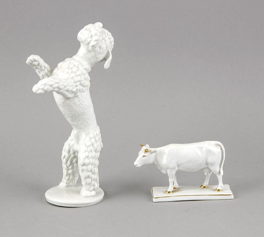 Two white animal figures, standing cow, Fraureuth,: Two white animal figures, standing cow, Fraureuth, brand 1898-1935, design M. Fritzsche1921, decor 21/718, white, gilt, H. 7,5 cm, l. 10 cm, and standing poodle, Unterweißbach, 1960s, design K. Stein