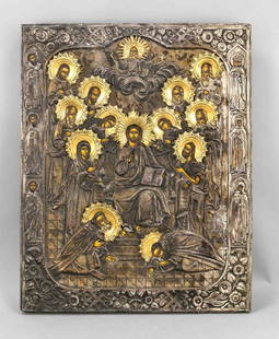 Russian icon, 19th century, Sedmitza, so-called: Russian icon, 19th century, Sedmitza, so-called extended Deësis, tempera on wood, undersilver-plated Oklad with radiating flowers, 52 x 40 cm