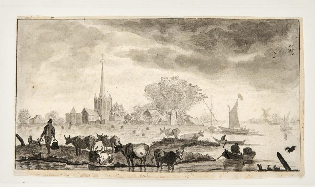 Dutch School of 18./19. Century, fisherman and grazing: Dutch School of 18./19. Century, fisherman and grazing cows on the canal bank with mill,pen and brush on handmade paper with watermark WZ., 11 x 19.5 cm, on cardboard 30 x 22 cm