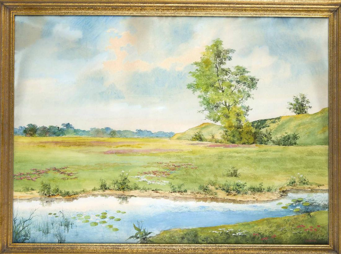 Wilhelm Kimbel (1868-1965), landscape idyll with pond: Wilhelm Kimbel (1868-1965), landscape idyll with pond in the foreground, large watercoloron paper, signed, framed behind glass 83 x 112 cm