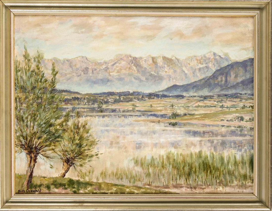 Fritz Osswald (1878-1966), Swiss painter of the German: Fritz Osswald (1878-1966), Swiss painter of the German impressionism, ''Riegsee beiMurnau'', oil / plywood plate, signed, verso Artist's stamp, 58 x 77.5 cm, framed 70 x 90 cm
