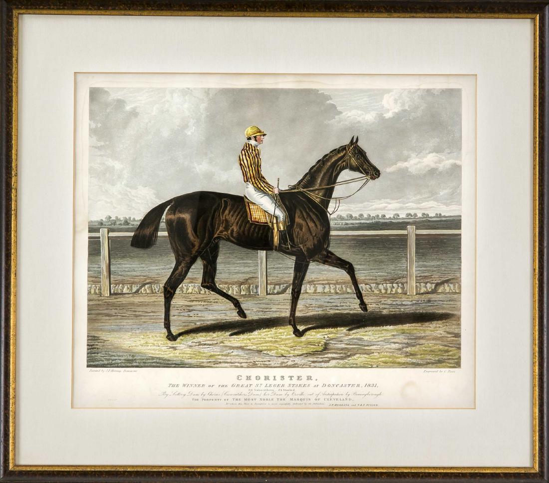 Charles Hunt (1803-1877), ''Chorister, the winner of: Charles Hunt (1803-1877), ''Chorister, the winner of the great St. Leger Stakes, Doncaster,1831'', colored Aquatint with burin after J.F. Herring, water edge, 35 x 40 cm, framed behind glass and Pp. 5