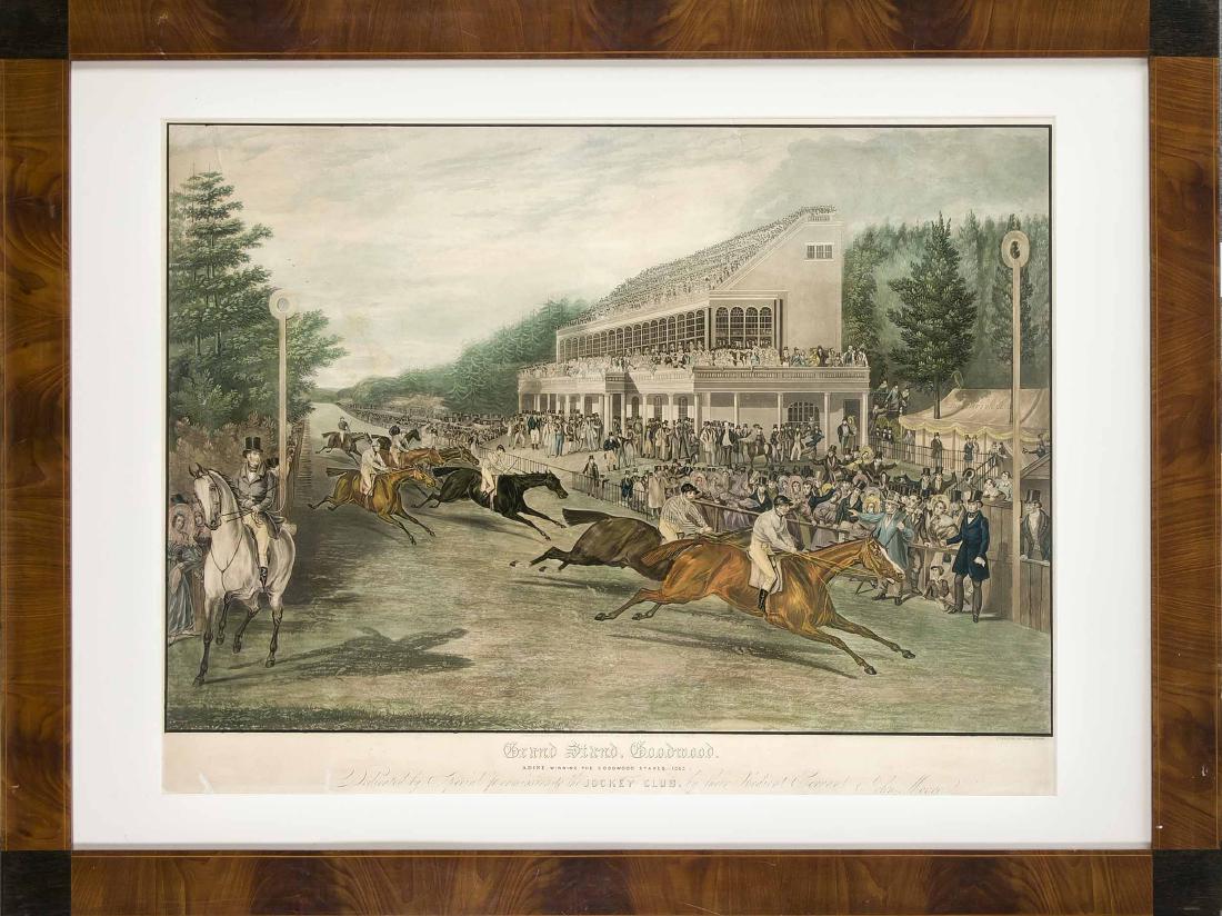 Charles Hunt (1803-1877), ''Grand Stand Goodwood'',: Charles Hunt (1803-1877), ''Grand Stand Goodwood'', horse race in front of full grandstand,large color aquatint etching from 1870, closed marginal blemishes, slightly blotchy in the margin, restored,