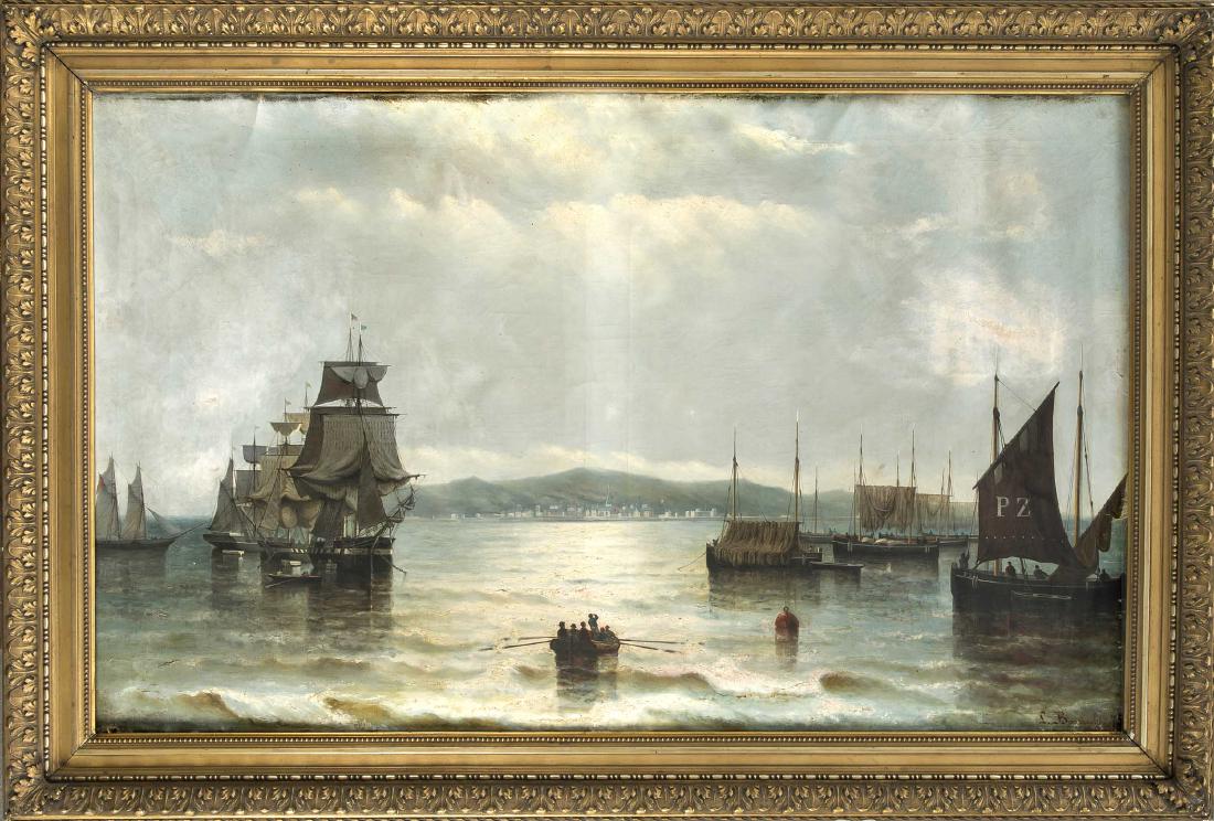 Louis Barnaba (1826-?), Belgian marine painter,: Louis Barnaba (1826-?), Belgian marine painter, exhibited in various salons between 1864and 1881, large seascape with numerous sailing ships anchored at anchor and views of the opposite coast, oil / c
