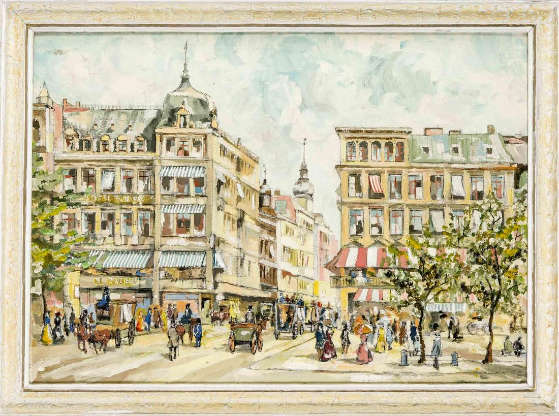 Anonymous. Berlin painter 2nd half of the 20th century,: Anonymous. Berlin painter 2nd half of the 20th century, view of the Café Bauer on thecorner of Friedrichstraße / Unter den Linden, oil on hardboard, unsigned, 50 x 70 cm, framed, 60 x 80 cm