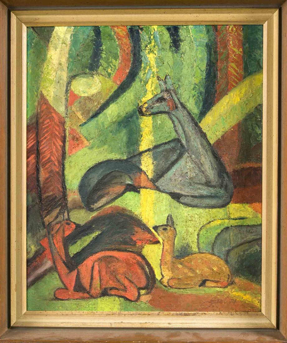 Copy in the mid-20th century, three deer after / in the: Copy in the mid-20th century, three deer after / in the style of Franz Marc, oil on plate,unsign., 47 x 37 cm, framed 54 x 44 cm