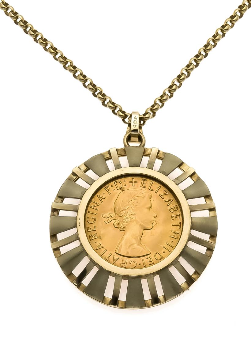 Gold coin Queen Elizabeth 1958 GG 916/000, set as: Gold coin Queen Elizabeth 1958 GG 916/000, set as pendant L. 42 mm, chain with spring ringGG 585/000 L. 60 cm, 30.0 g German: Goldmünze Queen Elizabeth 1958 GG 916/000, gefasst als Anhänger L. 42 m