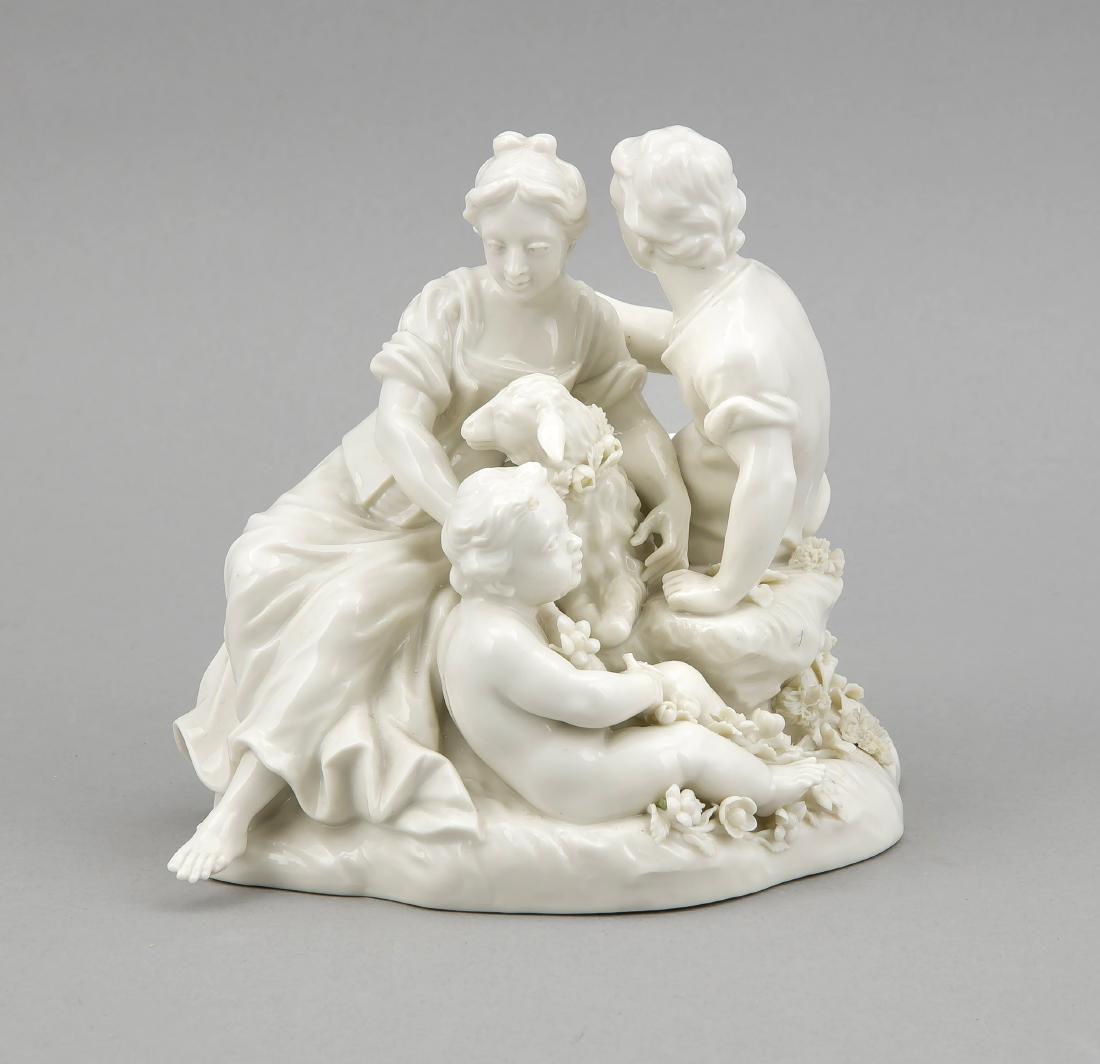 Figurine group, Nymphenburg, around 1968, shepherd pair: Figurine group, Nymphenburg, around 1968, shepherd pair with child and sheep on roundpedestal with flowers, white, underside pressed rhombus shield and model number 1023, crowned CT 1968, after a Fran