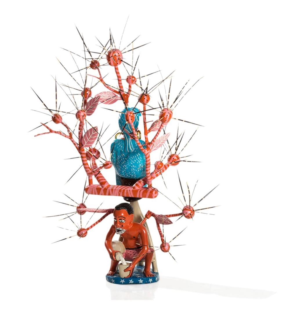 John Goba (* 1944), eminent African contemporary: John Goba (* 1944), eminent African contemporary artist, ''Madame Yoko and the Palm WineTapper'', wood, polychrome painted, porcupine, variably composable, Africa, around 2015, was exhibited at EXPO 2