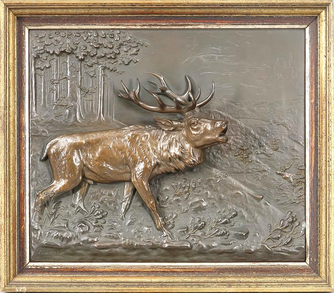 Fritz Diller (1875-1945), roaring stag, high relief of: Fritz Diller (1875-1945), roaring stag, high relief of patinated bronze plate, u. li.signed, ''F. Diller'', 34 x 39 cm, framed 41 x 47 cm German: Fritz Diller (1875-1945), röhrender Hirsch, Hochreli