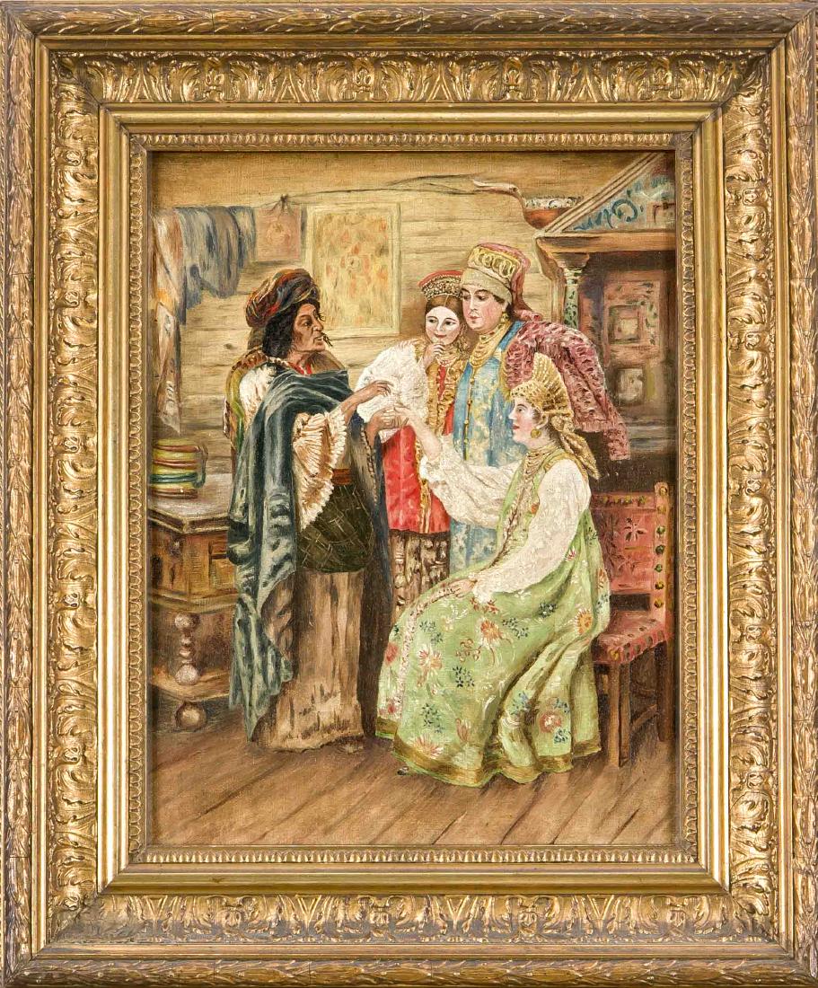 Konstantin Egorovich Makovsky (1839-1915), copy after,: Konstantin Egorovich Makovsky (1839-1915), copy after, engagement scene, oil on canvas,copy by Helene von Zitzewitz in 1900, verso extensively inscribed and signed, 33 x 25 cm, framed 43 x 36 cm Germa
