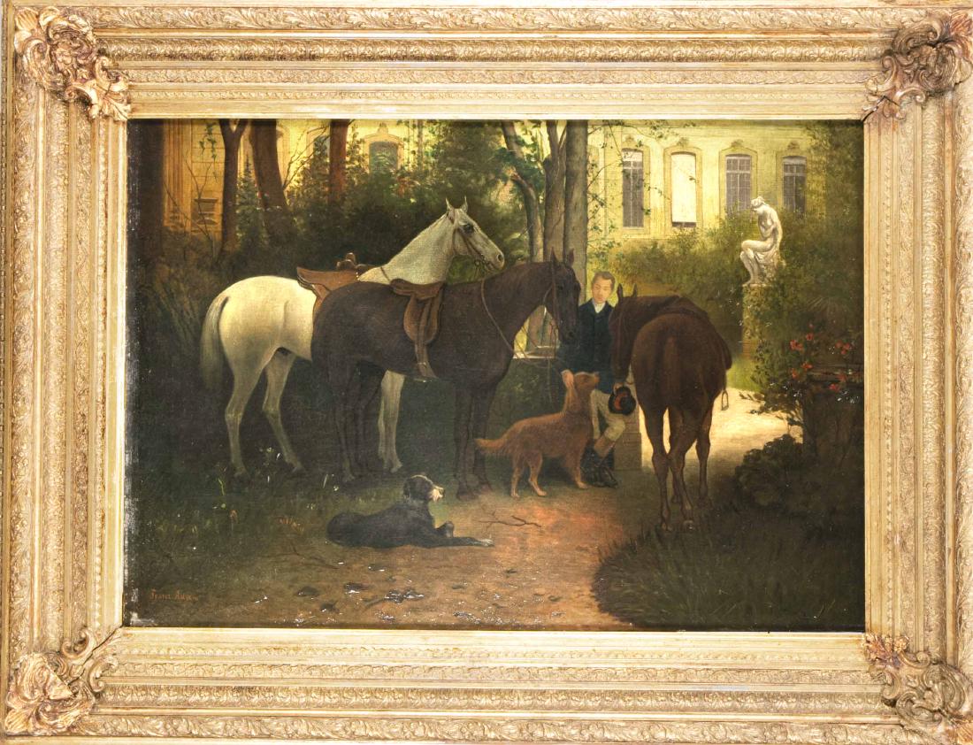 Franz Adam (1815-1886), bereit zum Ausritt, Öl/Lw.,: Franz Adam (1815-1886), bereit zum Ausritt, Öl/Lw., signiert u. li. Franz Adam. 54 x 78cm, Prunkrahmung 82 x 105 cm. German: Franz Adam (1815-1886), bereit zum Ausritt, Öl/Lw., signiert u. li. Fran