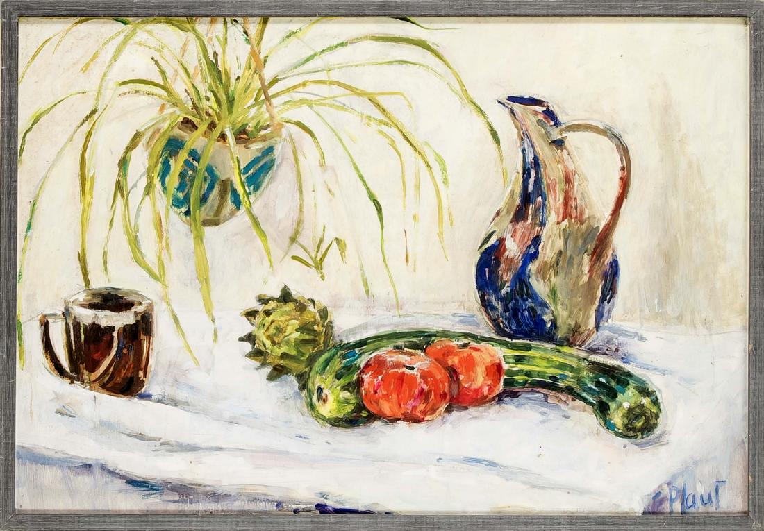 Faith Loy Plaut (1925-1994), South African artist,: Faith Loy Plaut (1925-1994), South African artist, still life with cucumber and zucchini, oil on hardboard, u. re. signed, 58 x 85 cm, framed 62 x 89 cm German: Faith Loy Plaut (1925-1994), südafrika
