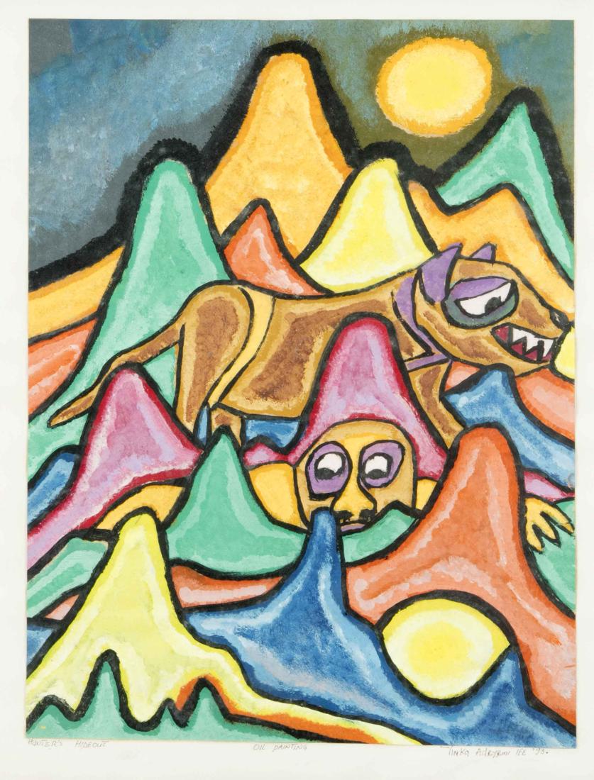 Yinka Adeyemi (* 1941), Nigerian artist, ''Hunters: Yinka Adeyemi (* 1941), Nigerian artist, ''Hunters Hideout'', oil / paper, signed, inscribedu. dat. (19) 93, 49.5 x 37 cm, behind glass 58 x 48 cm German: Yinka Adeyemi (*1941), nigerianischer Künst