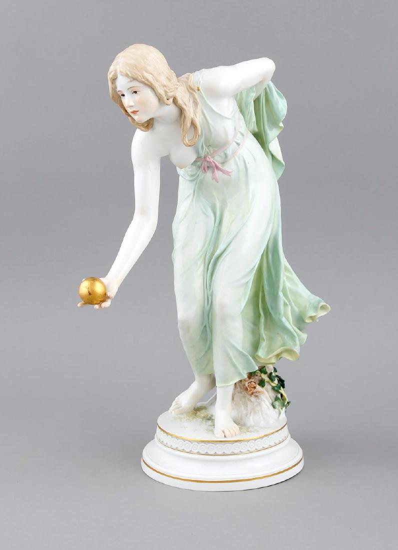A ballplayer, Meissen, mark 1850-1924, 2nd quality,: A ballplayer, Meissen, mark 1850-1924, 2nd quality, designed by Walter Schott (1861 Ilsenburg - 1938 Berlin), first formed 1897. Moving figure of a young lady throwing a golden ball, on profiled round