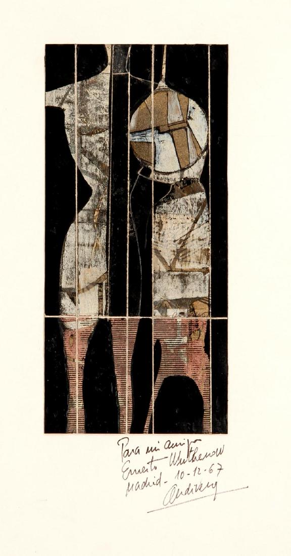 Unidentified, Spanish artist of the 1960s, abstract: Unidentified, Spanish artist of the 1960s, abstract compositions in mixed technique on cardboard, each handsign. u. dat. (19) 67, one with dedication on the Passepartout, up to 26 x 12 cm, or 49 x 39