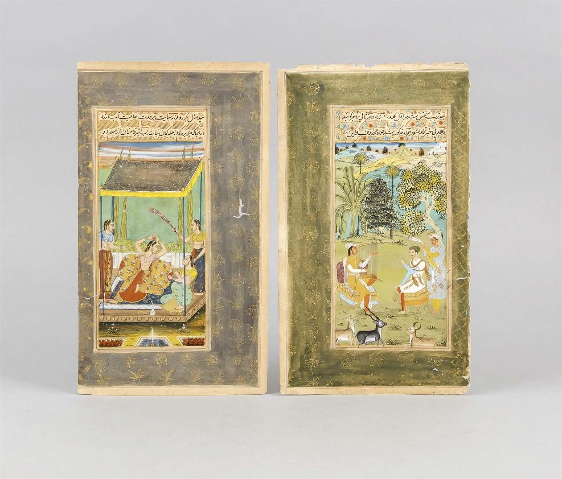 2 Miniaturen (Buchseiten), Indo-Persisch, wohl 19. Jh.,: 2 Miniaturen (Buchseiten), Indo-Persisch, wohl 19. Jh., opake Wasserfarben und Gold auf Papier, 1 x Szene im Haremsgarten, 1 x Herrscher dem Harfenspiel lauschend, jeweils mit breiter Bordüre mit