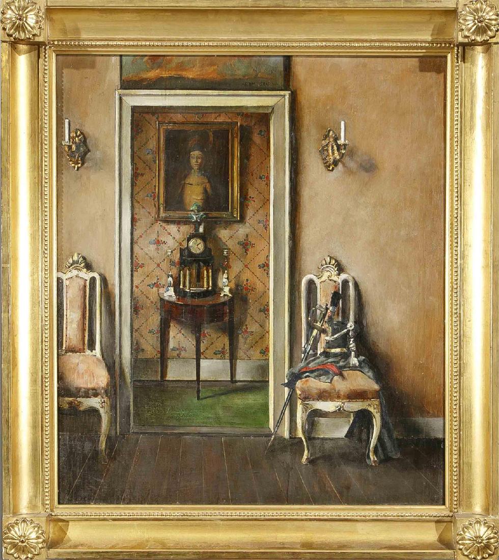 Hermann Graf (1873-1940), dt. Interieur-Maler, tä: Hermann Graf (1873-1940), dt. Interieur-Maler, tätig in Weimar und Frankfurt a.M., mit Antiquitäten eingerichtete Zimmerflucht und auf einem Stuhl drapierter Uniform, Öl auf Sperrholz,
