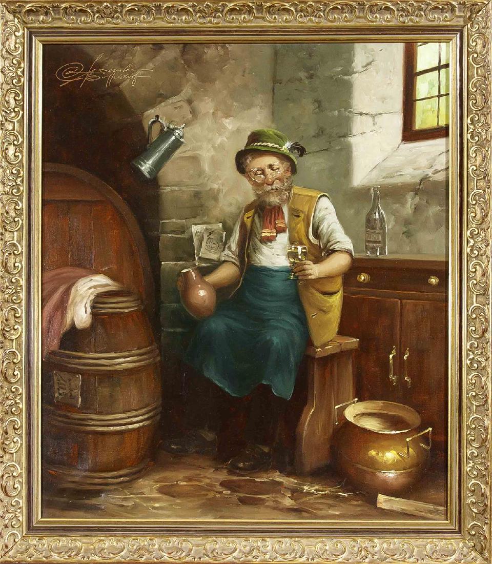 Rudolf Otto Franke (1926-1992), im Erzgebirge geb.,: Rudolf Otto Franke (1926-1992), im Erzgebirge geb., stud. an der Folkwangschule unter Joe Pieper, ''Winzer bei der Weinprobe'', Öl/Lwd., o. li. sign. u. ortsbez. ''Düsseldorf'', 70 x 60 cm,