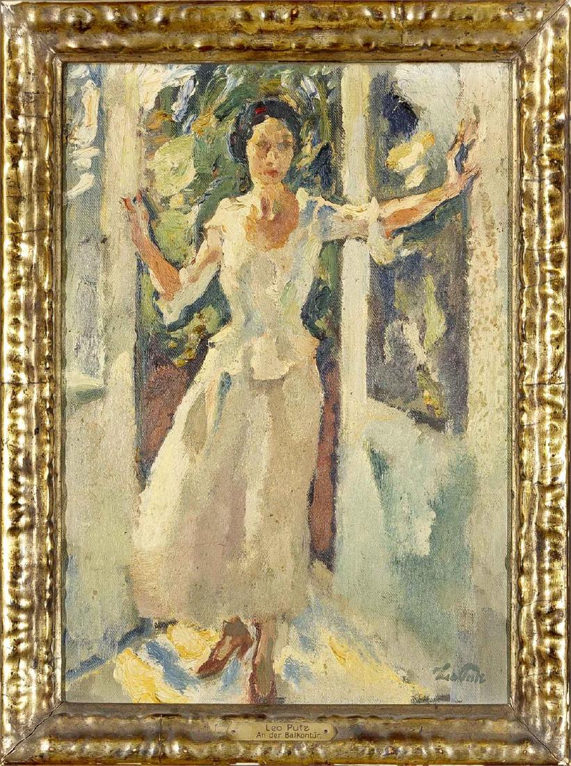 Leo Putz (1869-1940), ''An der Thür'', aus einem: Leo Putz (1869-1940), ''An der Thür'', aus einem sommerlichen Garten tritt eine junge Frau (wohl Mara Hoffmann) mit weiter Geste durch eine Terrassentür. Öl auf Leinwand, unten rechts s