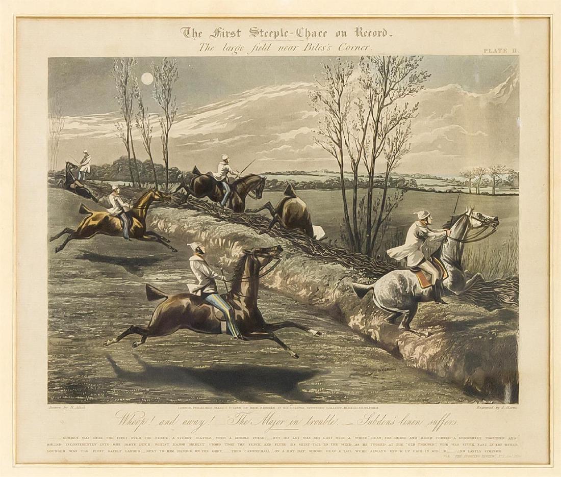 J. Harris nach Henry Thomas Alken (1785-1851), zwei: J. Harris nach Henry Thomas Alken (1785-1851), zwei englische Reitsportszenen, Farbaquatinten Mitte 19. Jh., mit ausführlichem Schriftrand, gebräunt, 34 x 41 cm, hinter Glas u. Pp. ger. 47 x