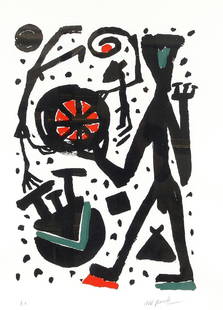 A.R. Penck (1939-2017) d.i. Ralf Winkler, große: A.R. Penck (1939-2017) d.i. Ralf Winkler, große Farbserigraphie ''Mann und Weltrad'', u. re. handsigniert, u. li. als e.a. außerhalb der Auflage bezeichnet, ca. 75 x 50 cm, hinter Glas ger.