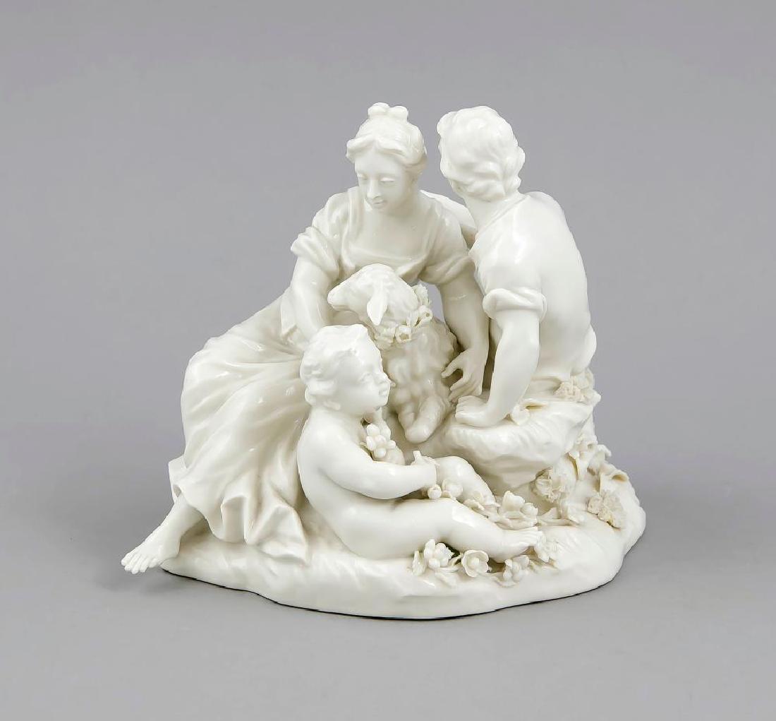 Figurine group, Nymp: Figurine group, Nymphenburg, around 1968, shepherd pair with child and sheep on round pedestal with flowers, white, underside pressed rhombus shield and model number 1023, crowned CT 1968, after a Fra