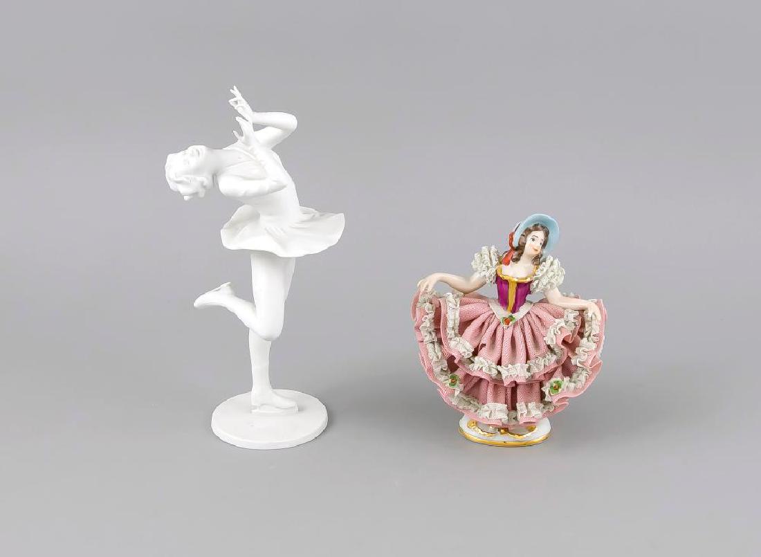 Two figures, 20th ce: Two figures, 20th century, figure skater at the Pirouette, Kaiser, Staffelstein, after 1950, white biscuit, signed in the round base, Bochmann, model no. 429, height 25 cm, girl with tulle dress, cudd