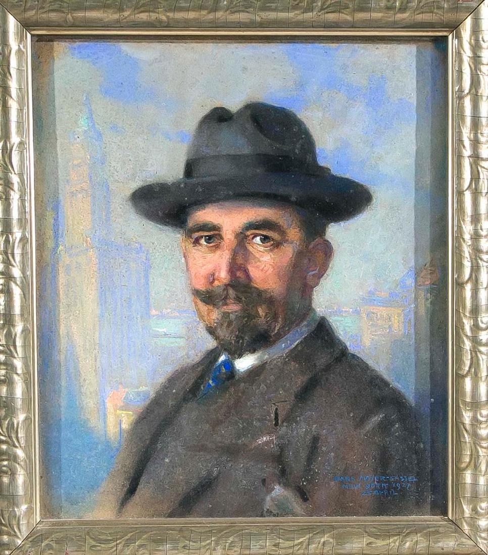 Hans Meyer-Kassel (1: Hans Meyer-Kassel (1872-1952), deutsch-amerikanischer Maler und Illustrator. Portrait eines huttragenden Mannes, im Hintergrund die Skyline von Manhattan, Pastell auf Karton, u. re. sign. u. ortsbez. 