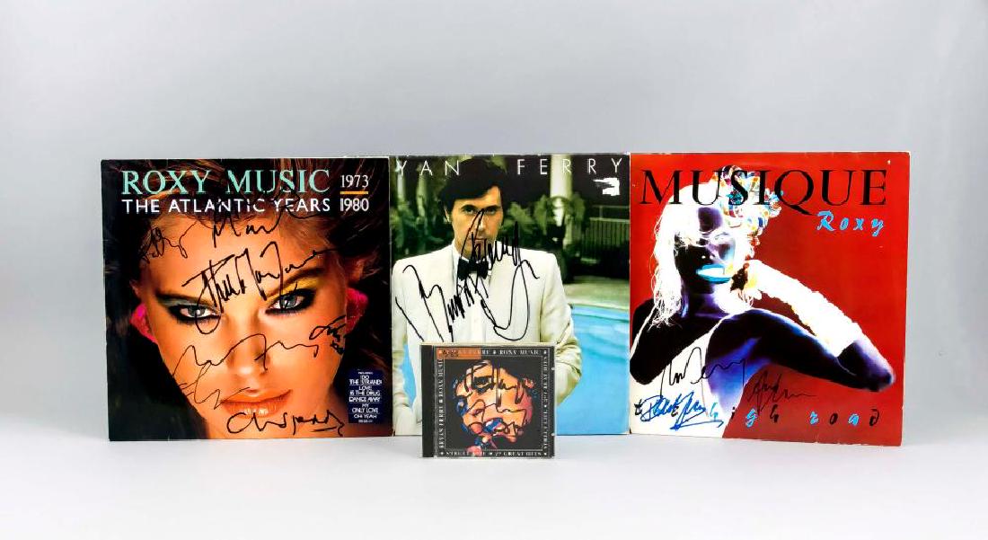 Roxy Music, Autogram: Roxy Music, Autogramme, CD '20 Greatest Hits', LP 'The Atlantic Years 1973-80', Maxi 'The High Road', aus den Jahren 1983 - 2003, jeweils mit Originalautogrammen, dazu Bryan Ferry, LP 'Another Time, A