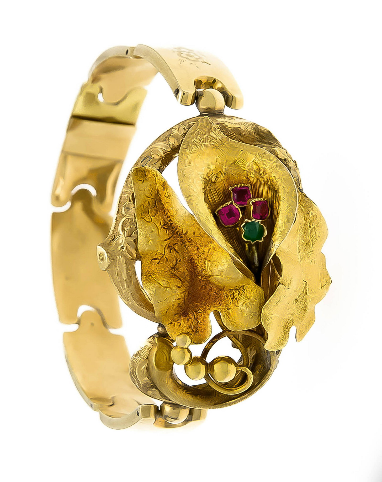 Biedermeier gold-gold bracelet around 1830 gold back,: Biedermeier gold-gold bracelet around 1830 gold back, elaborate floral centerpiece with fac. Colored stones, box clasp, L. 17.8 cm, 19.3 g