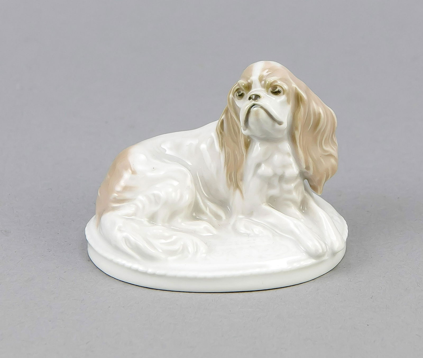 King Charles, Rosenthal, Art Department Selb-Bavaria,: King Charles, Rosenthal, Art Department Selb-Bavaria, mark for 1922-33, designed by Fritz Diller (1875-1945) in 1913, signed in the pedestal, model no. K 287, sitting Pekingese on oval pedestal, natur