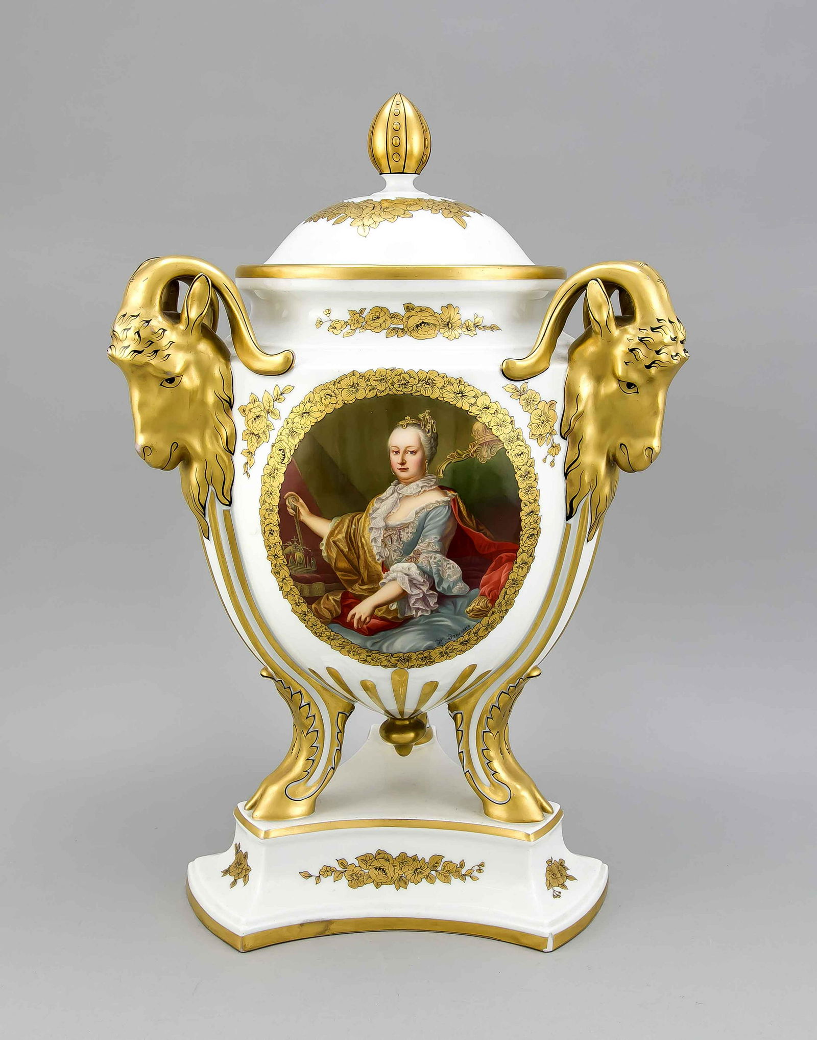 Lid vase Maria Theresia, Rosenthal, Art Department,: Lid vase Maria Theresia, Rosenthal, Art Department, Selb-Bavaria, 1914-1920s, vessel with three ram heads and hooves on pedestal, gold decoration black contoured, on the front side polychrome medallio
