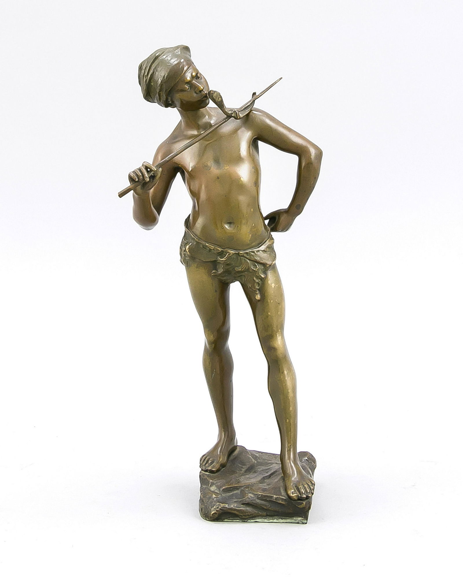 Adolphe Jean Lavergne (active 1863-1928), snake: Adolphe Jean Lavergne (active 1863-1928), snake charmer, a youth wearing only a loincloth and a turban, eye to eye with a snake, which he holds on a stick. patinated bronze, in the stand sign. ''Laver
