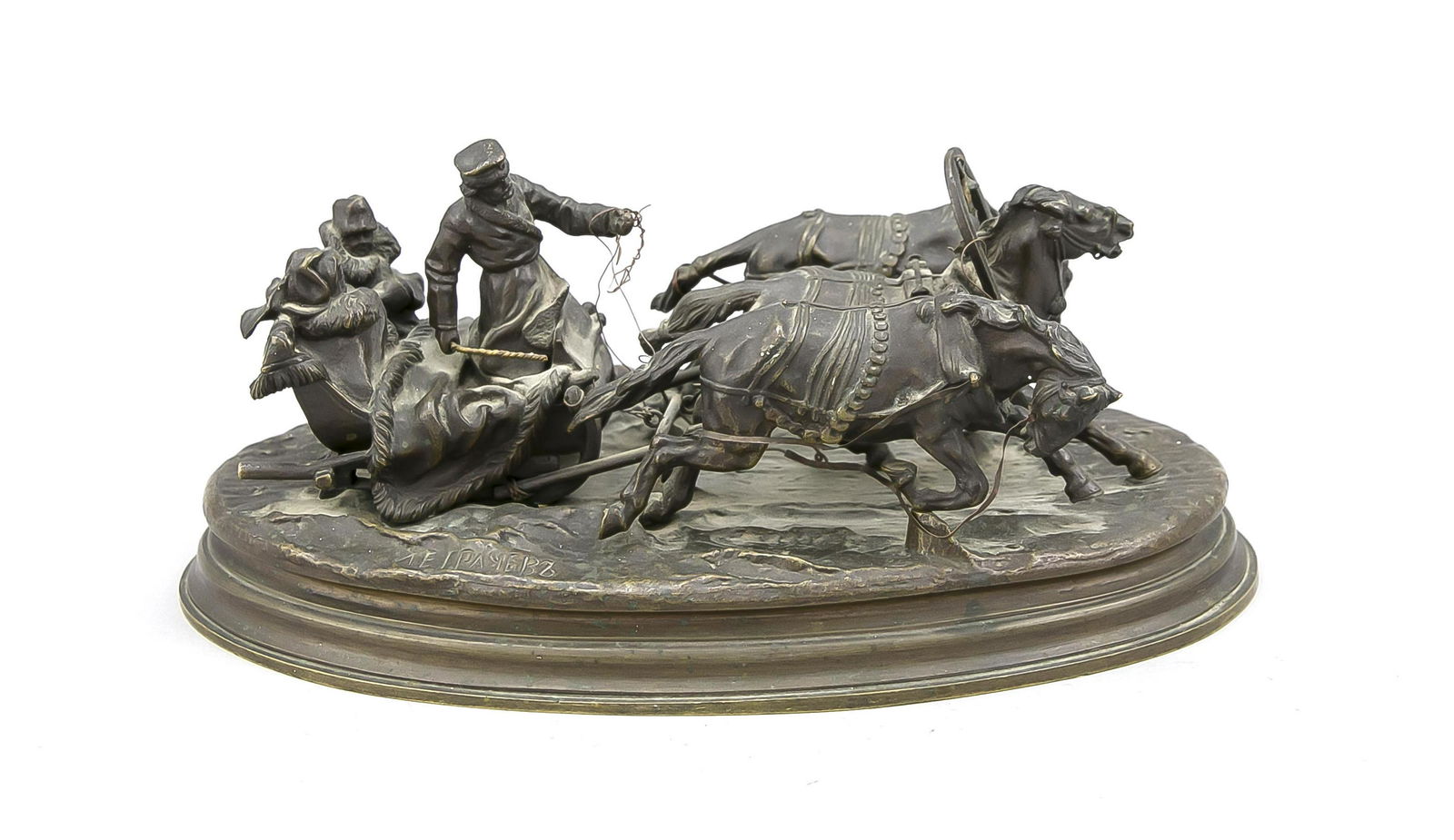 Vasily Grachev (1831-1905), Russian sculptor,: Vasily Grachev (1831-1905), Russian sculptor, ''sledge troika'', dark patinated bronze, the oval Terrainplinthe the Cyrillic artist's signature ''Grachev'' and the Cyrillic foundry mark the factory K.