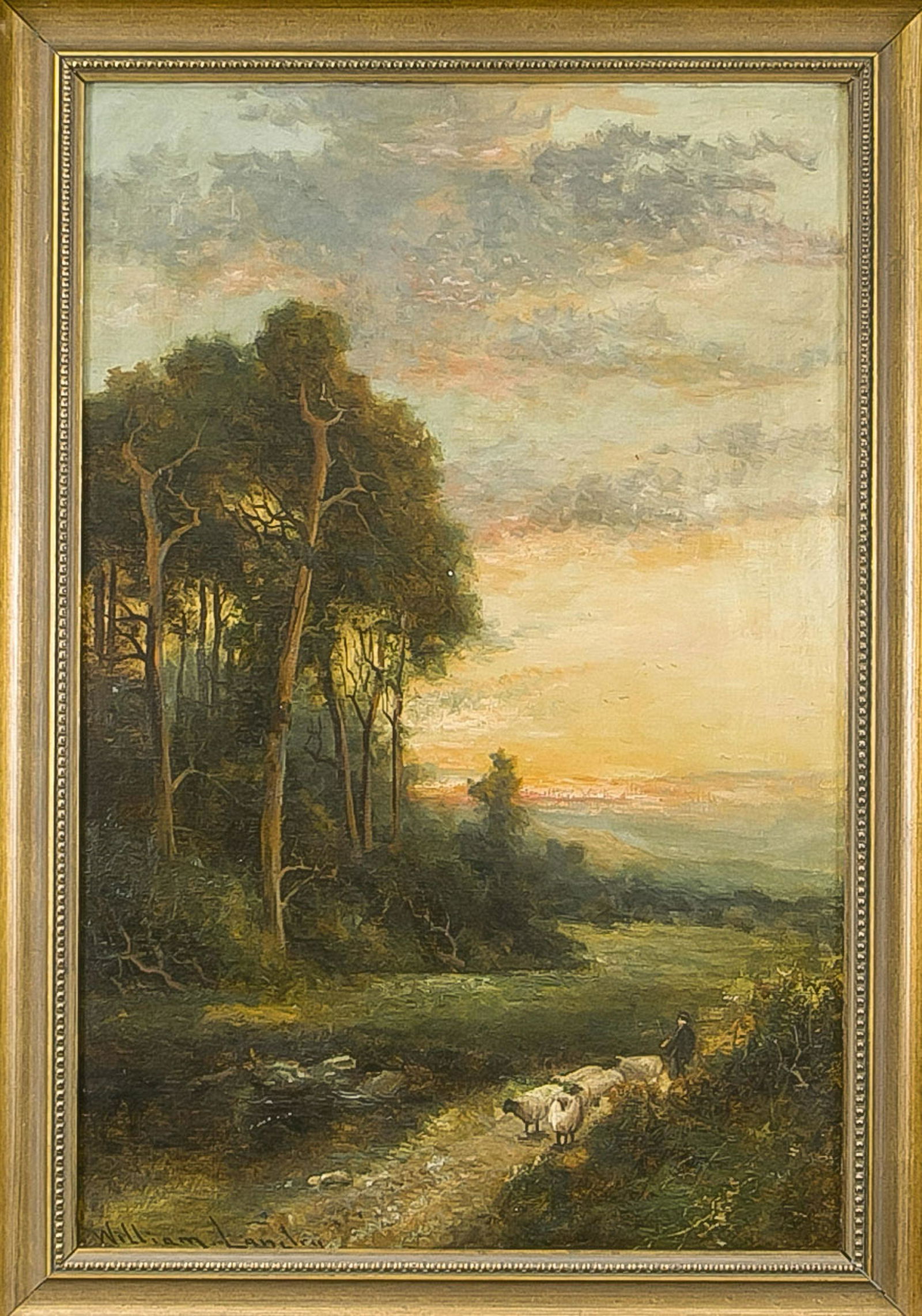 William Langley (active 1880-1920), English landscape: William Langley (active 1880-1920), English landscape painter, shepherd in idyllic landscape in the evening light, oil on canvas, signed, 62 x 40 cm, framed 71 x 50 cm